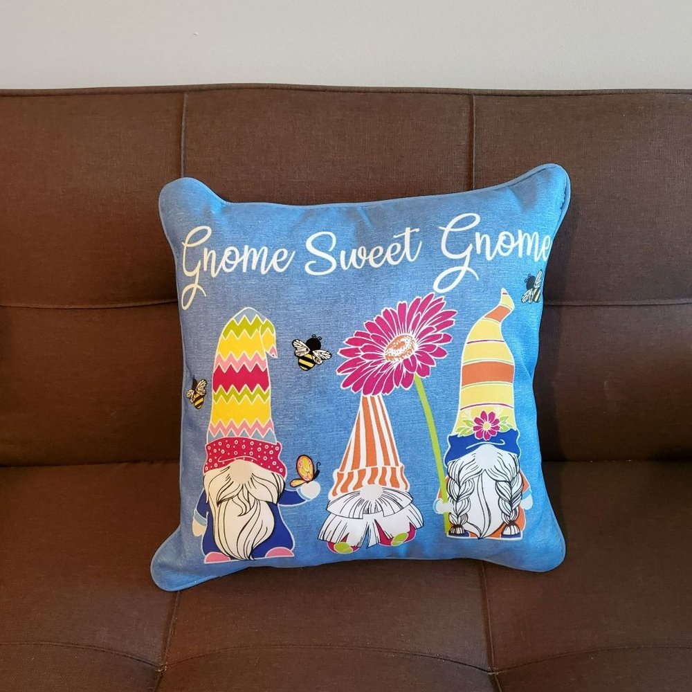 Colorful Gnome Accent Pillow, Blue, Gnome Sweet Gnome, Striped Flowers Bees NEW